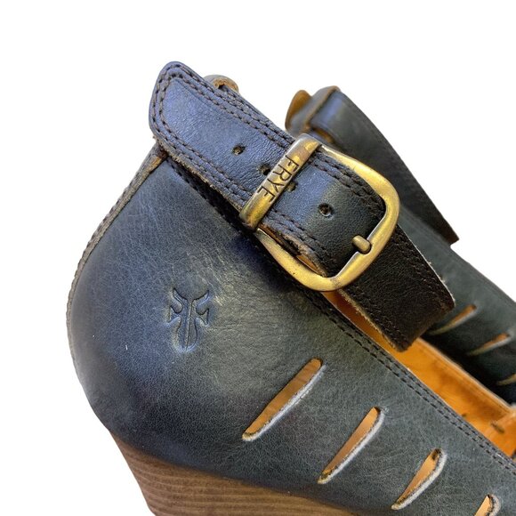 Frye Gwen Ankle Strap Black Leather Wedge Sandals 9.5 - Picture 4 of 11